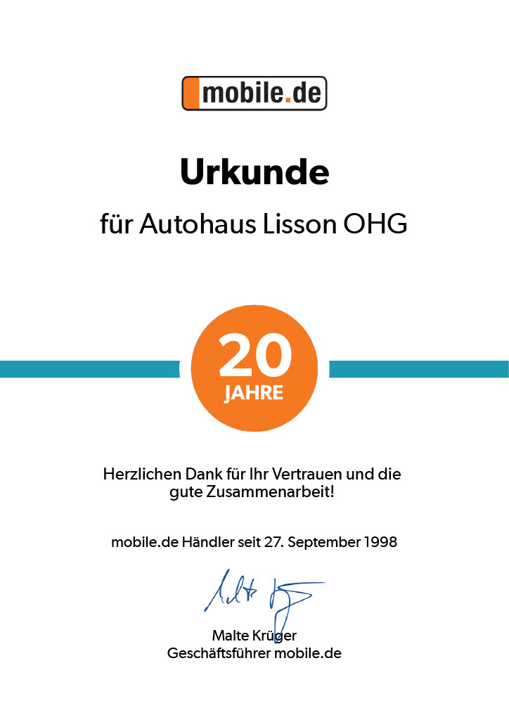 Urkunde für Autohaus Lisson - 20 Jahre Zusammenarbeit mit mobile.de