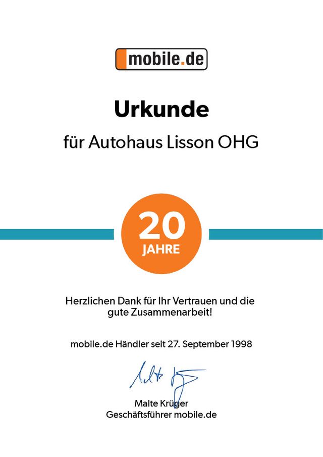 Urkunde für Autohaus Lisson - 20 Jahre Zusammenarbeit mit mobile.de