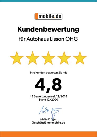 4,8 von 5 Sterne durch Kundenbewertungen von Autohaus Lisson auf mobile.de