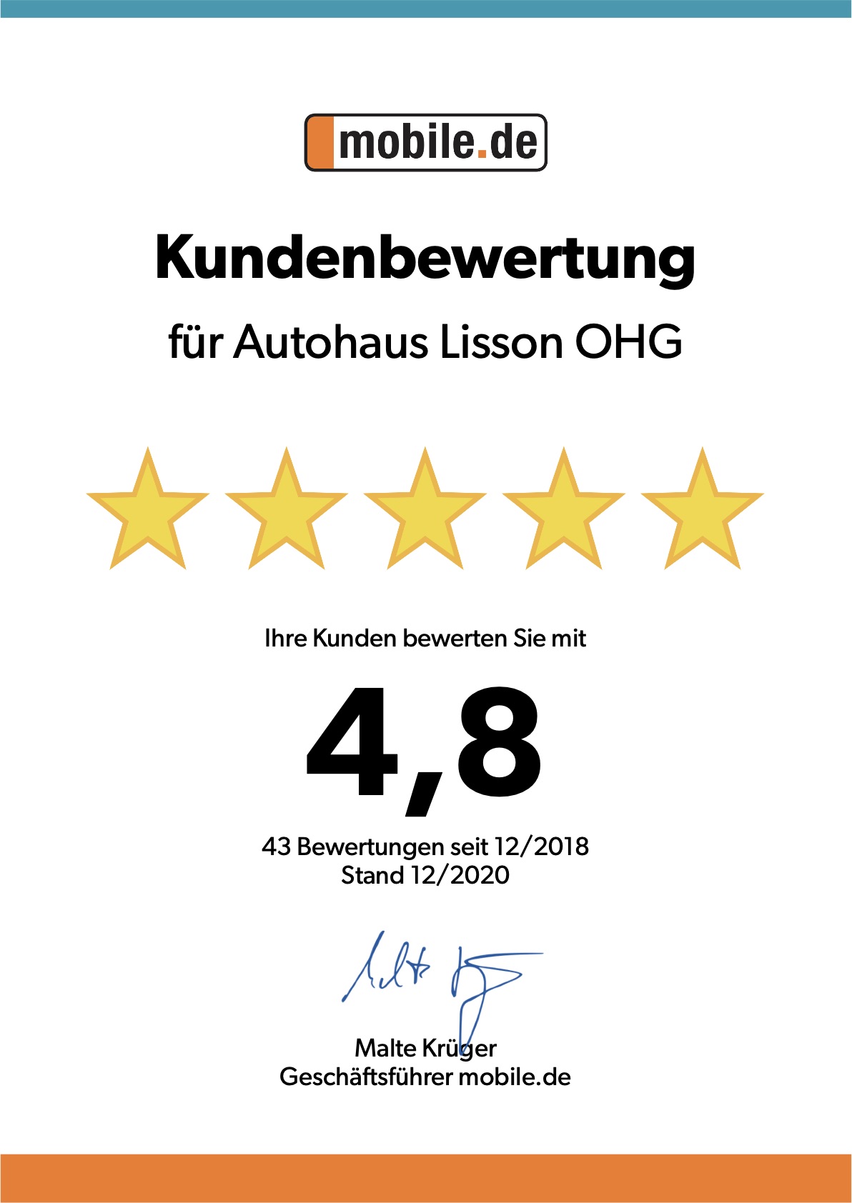 4,8 von 5 Sterne durch Kundenbewertungen von Autohaus Lisson auf mobile.de