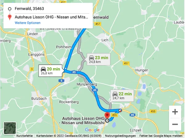 Anfahrt von Fernwald nach Autohaus Lisson Wölfersheim