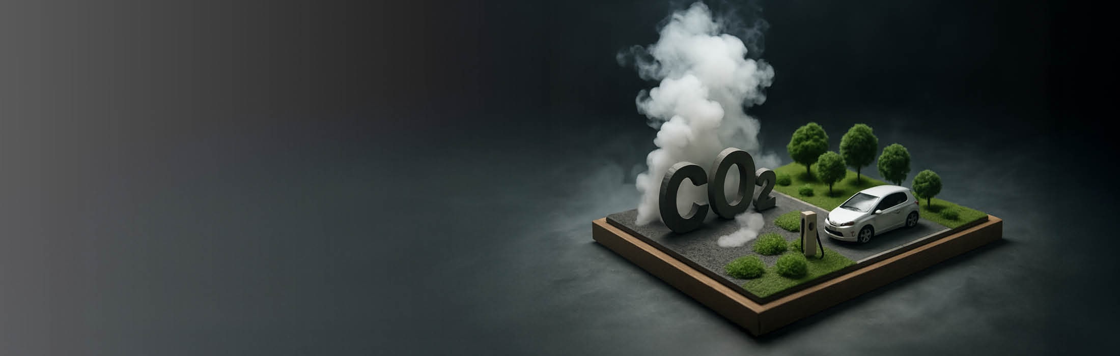 Auf einer Modellfläche stehen große CO₂-Buchstaben mit aufsteigendem Rauch auf der einen Seite und ein weißes Auto mit Bäumen auf der anderen Seite, was den Gegensatz zwischen Emissionen und Umweltschutz darstellt.